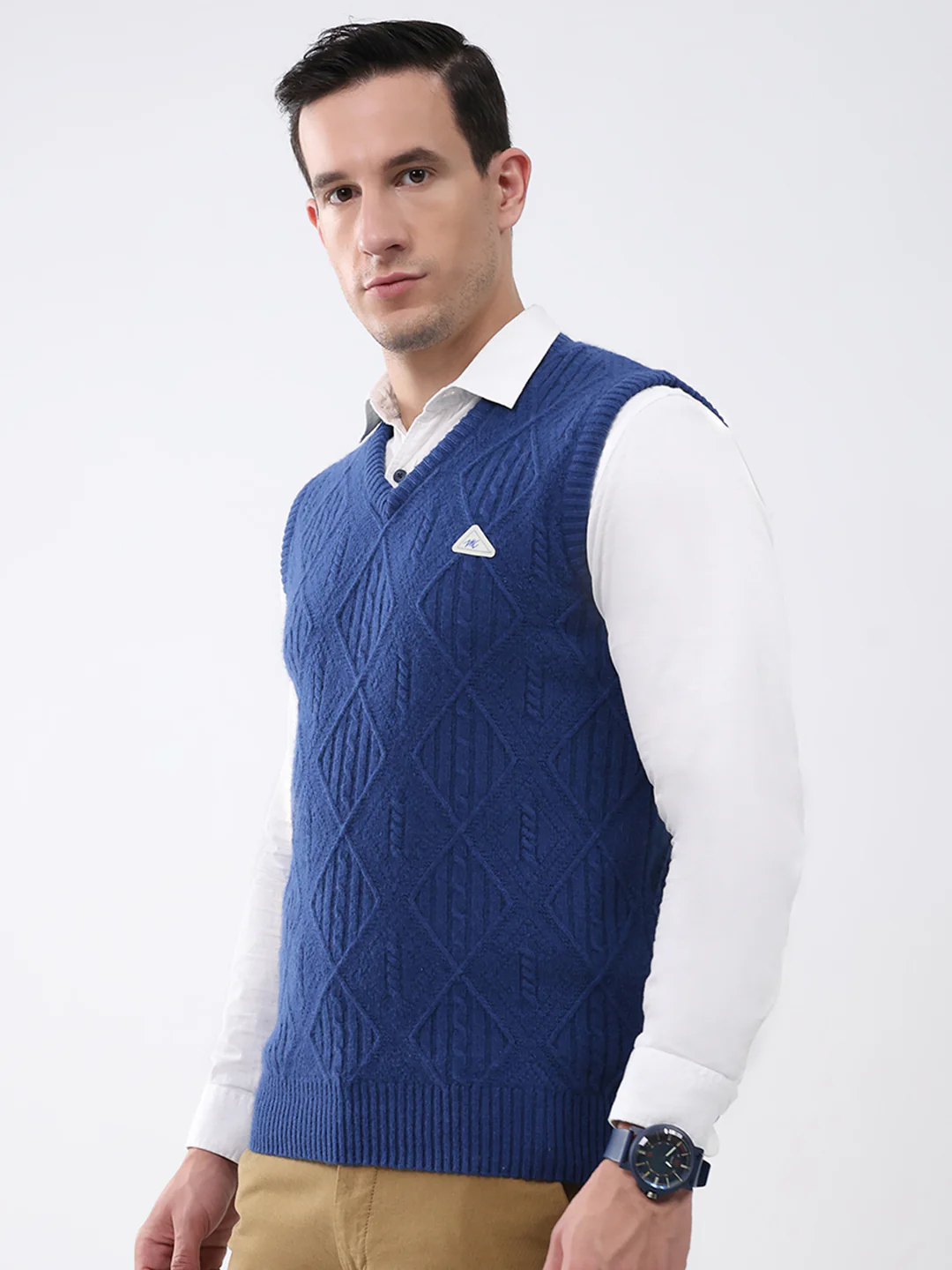 Men Blue Self Design V Neck Sleeveless Sweater - Image 3