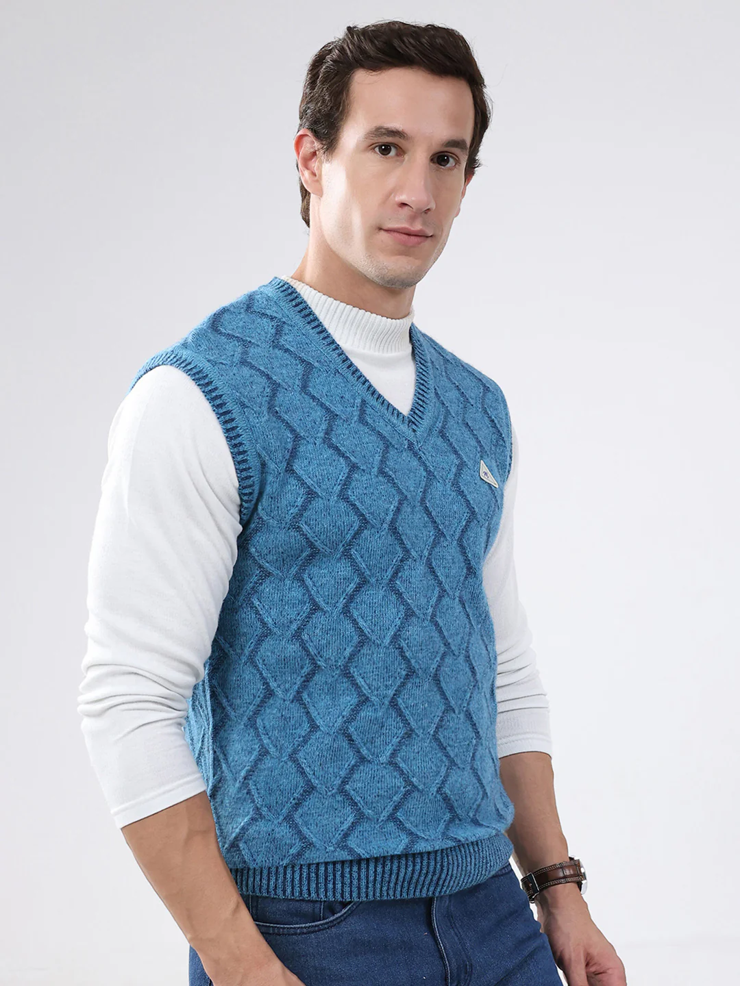 Men Blue Self Design V Neck Sleeveless Sweater - Image 4
