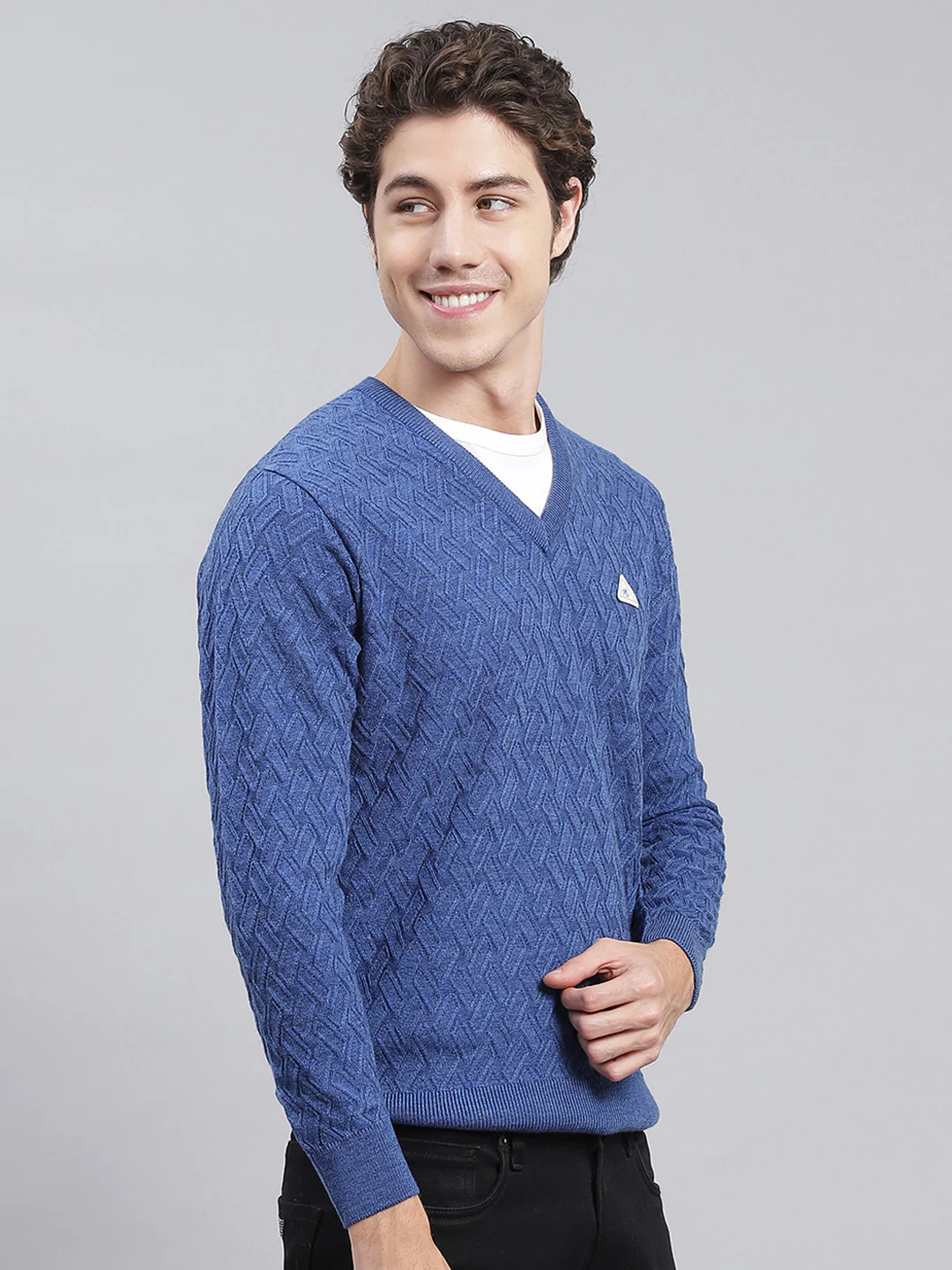 Men Blue Self Design Wool blend Pullover - Image 2