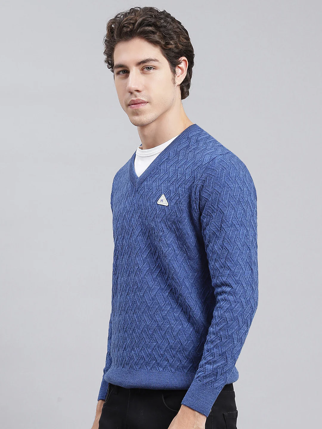 Men Blue Self Design Wool blend Pullover - Image 3