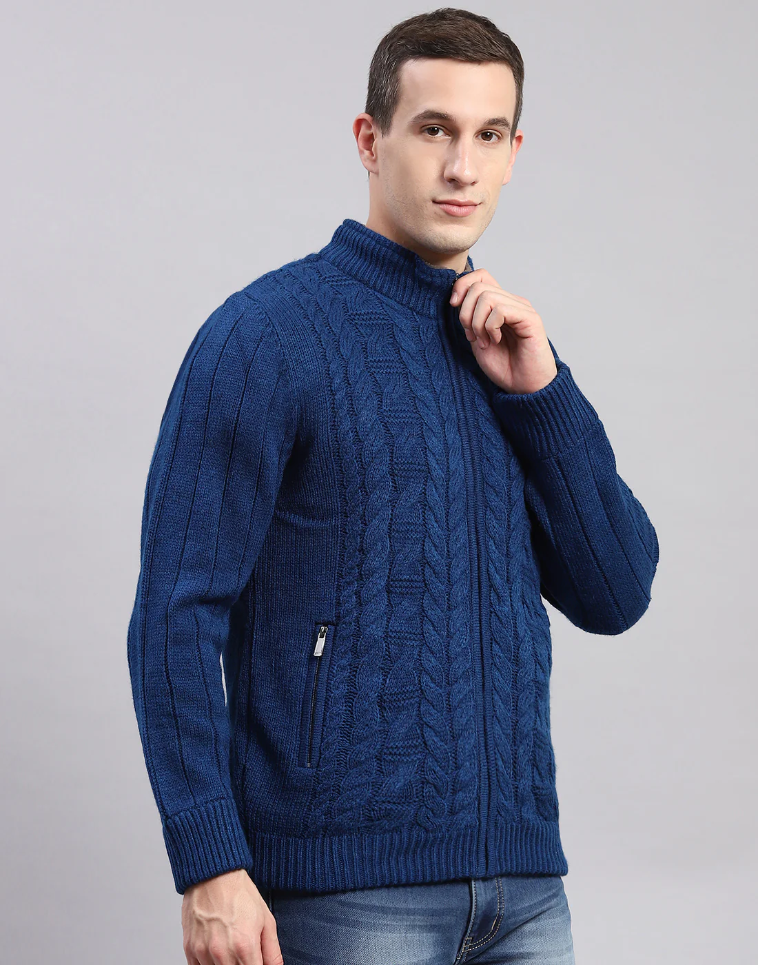 Men Blue Self Design Stand Collar Full Sleeve Jackets - Image 4