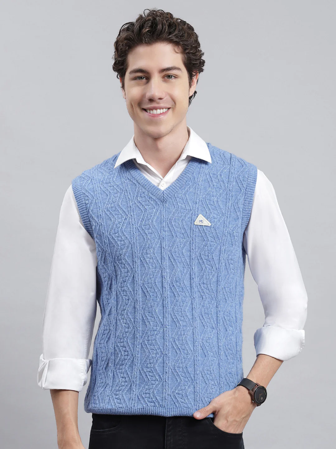 Men Blue Self Sweater - Image 2
