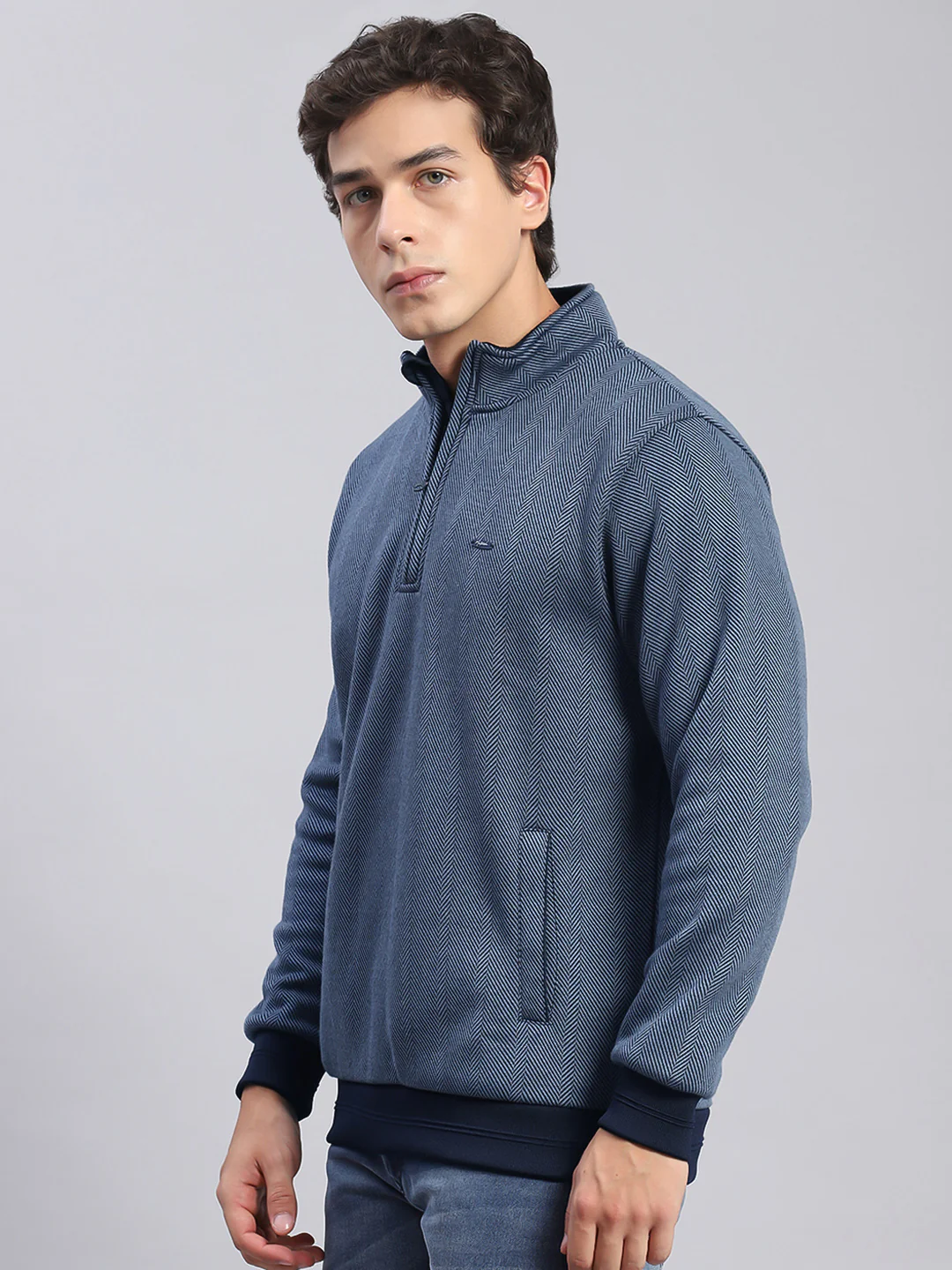 Men Blue Self Design T Neck Full Sleeve Sweatshirts - Image 3