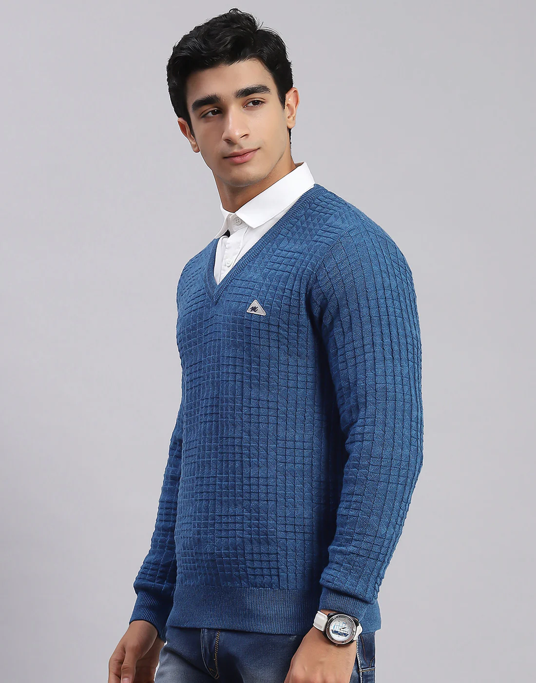 Men Blue Self Design V Neck Full Sleeve Sweaters/Pullovers - Image 3