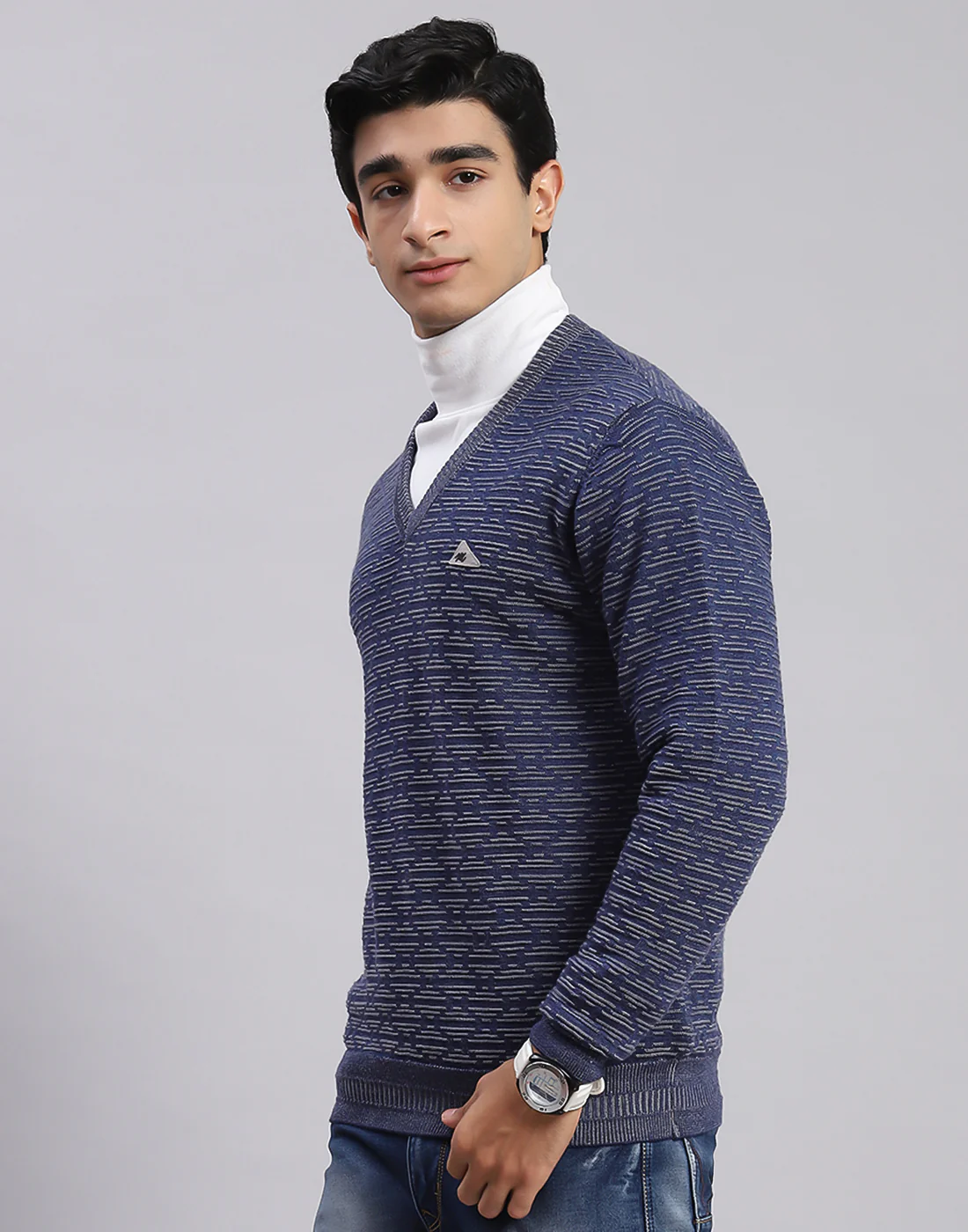 Men Blue Self Design V Neck Full Sleeve Sweaters/Pullovers - Image 2