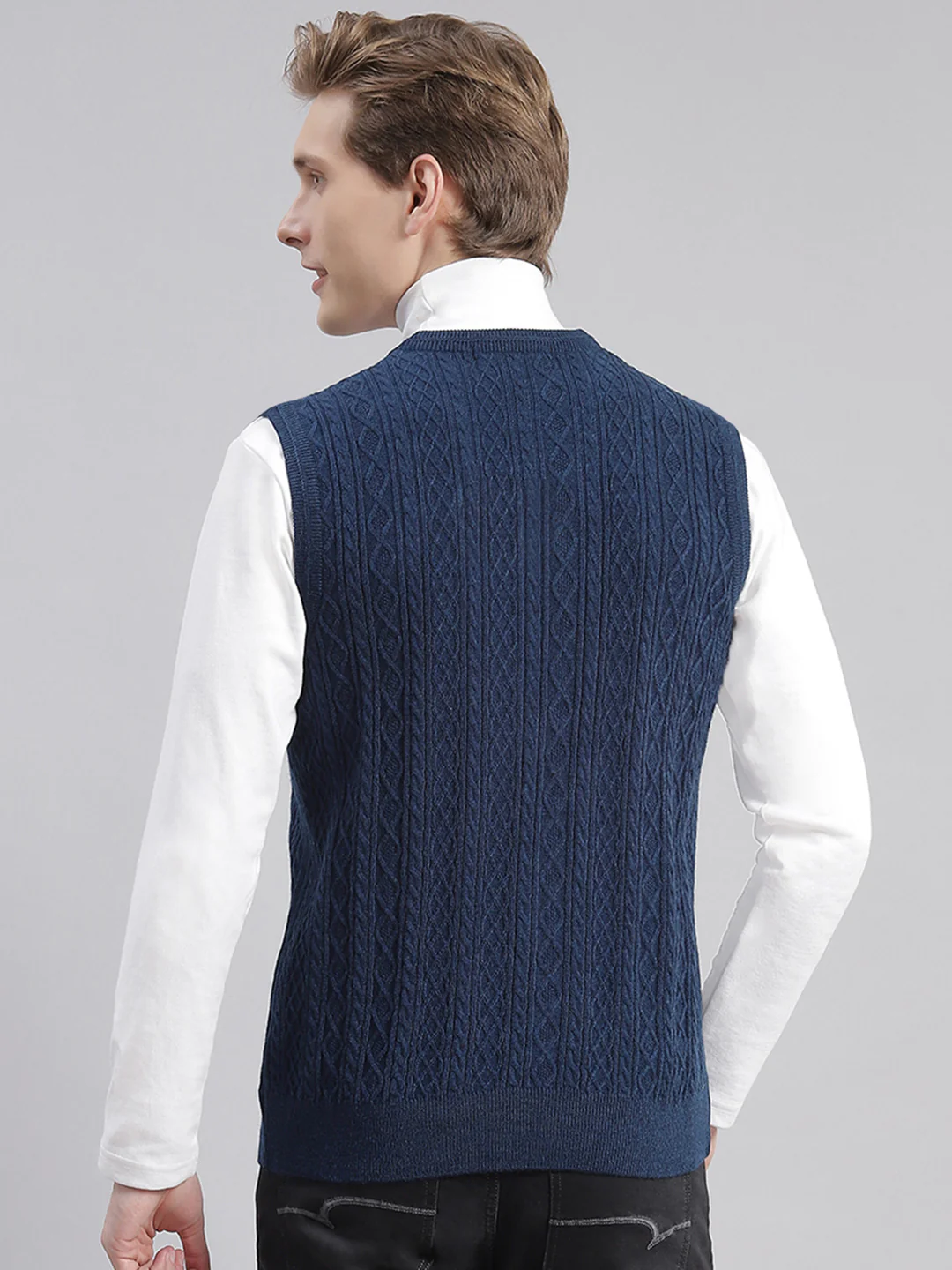 Men Blue Self Design V Neck Sleeveless Sweaters/Pullovers - Image 5