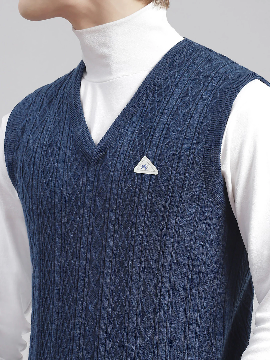 Men Blue Self Design V Neck Sleeveless Sweaters/Pullovers - Image 6