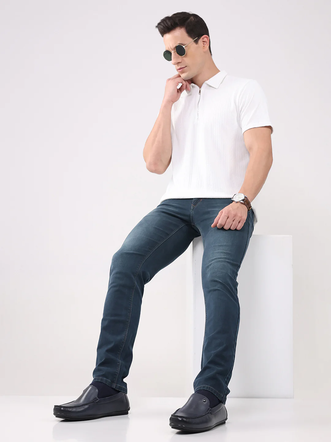 Men Dark Blue Slip on Genuine Leather Loafers - Image 10