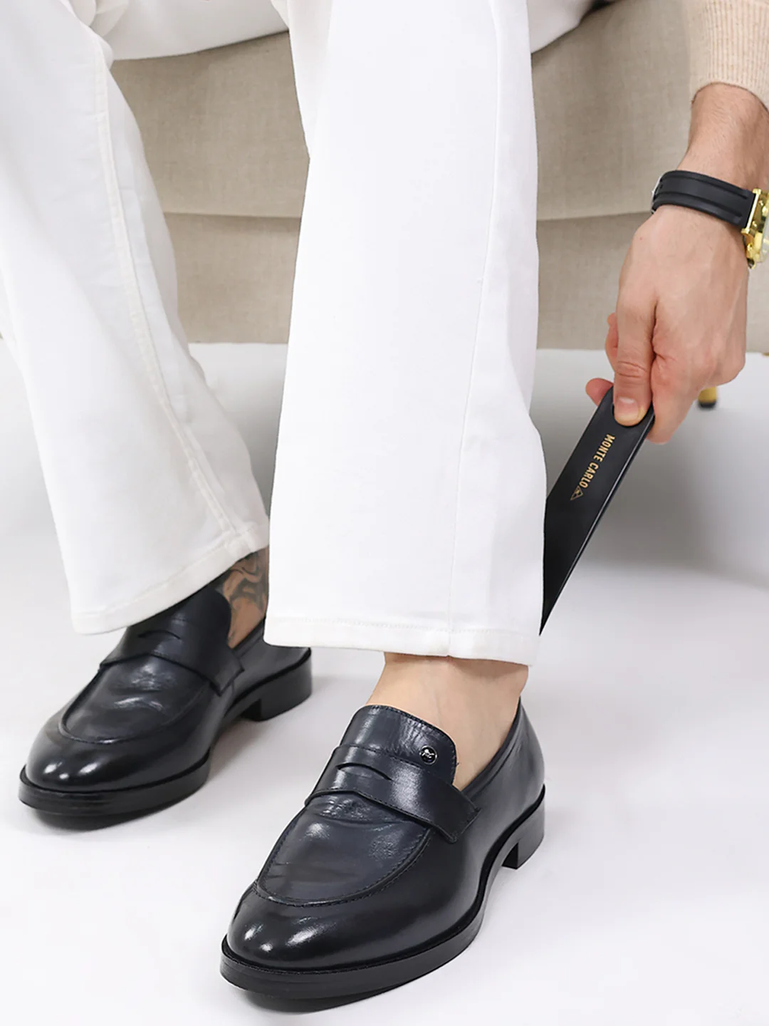 Men Dark Blue Slip on Leather Loafers - Image 11