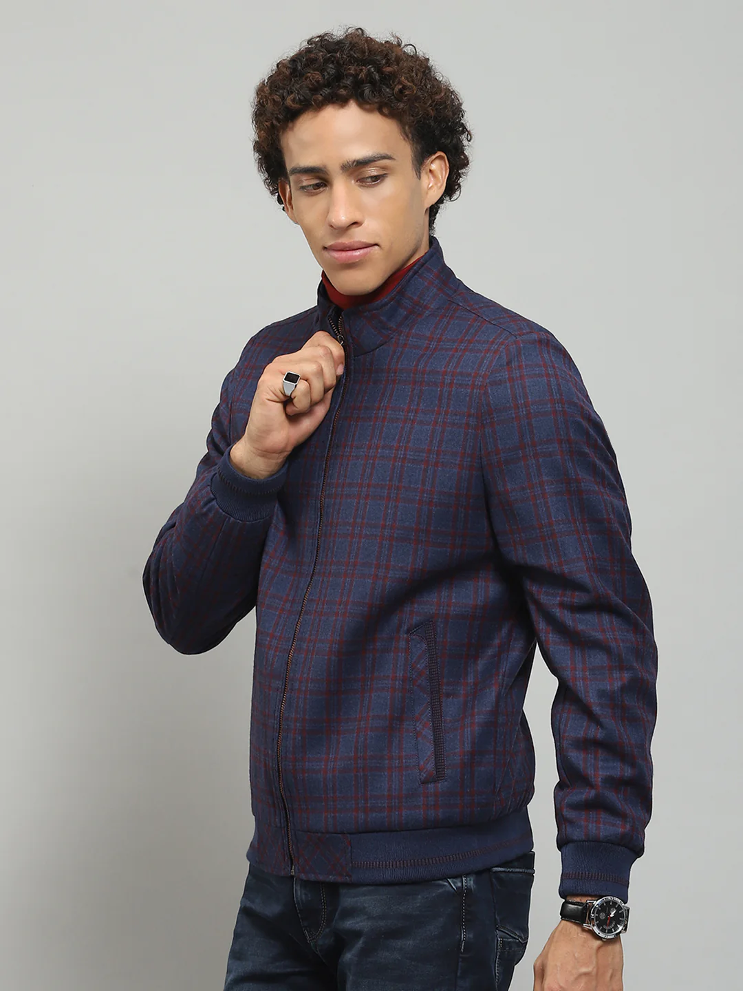 Men Blue Solid Band Collar Full Sleeve Jacket - Image 3