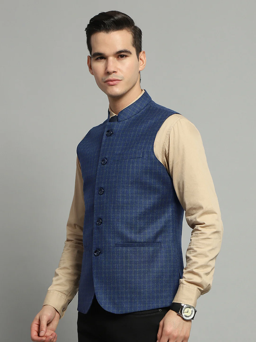 Luxuria Men Blue Solid Band Collar Sleeveless Jacket - Image 3