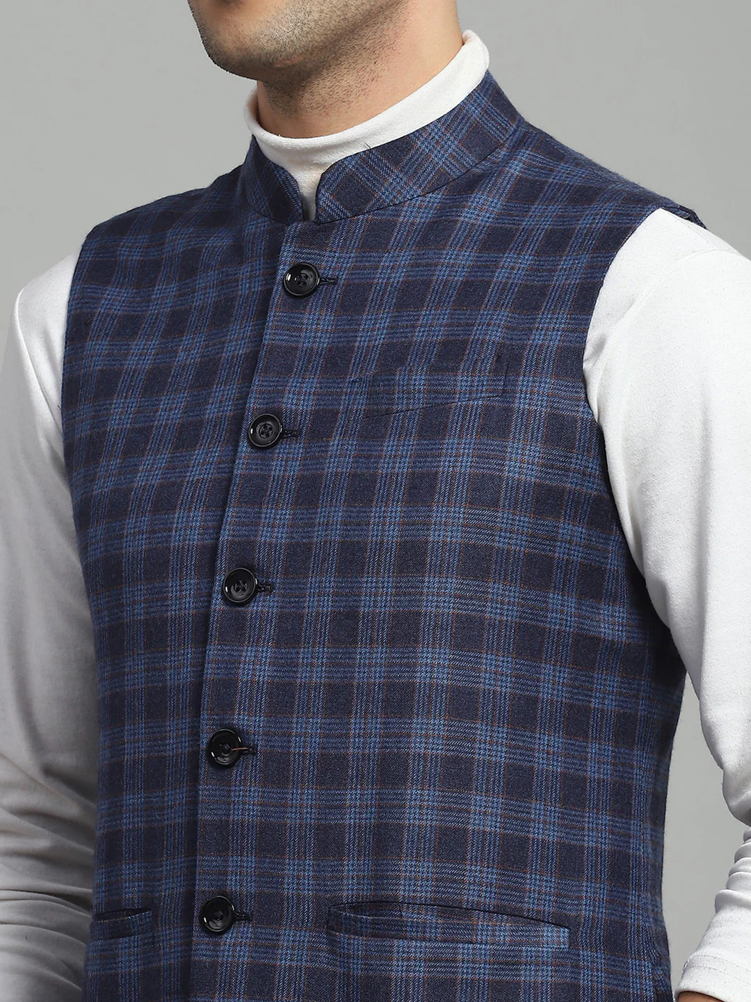 Luxuria Men Blue Solid Band Collar Sleeveless Nehru Jacket - Image 7