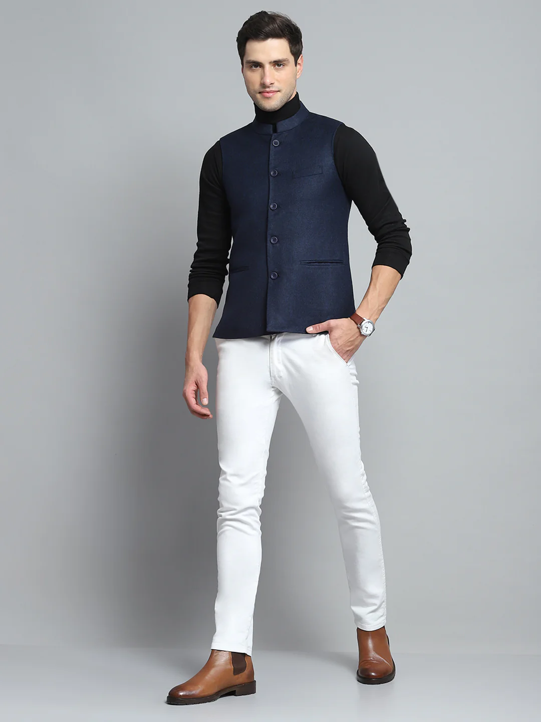Men Blue Solid Band Collar Sleeveless Nehru Jacket - Image 2