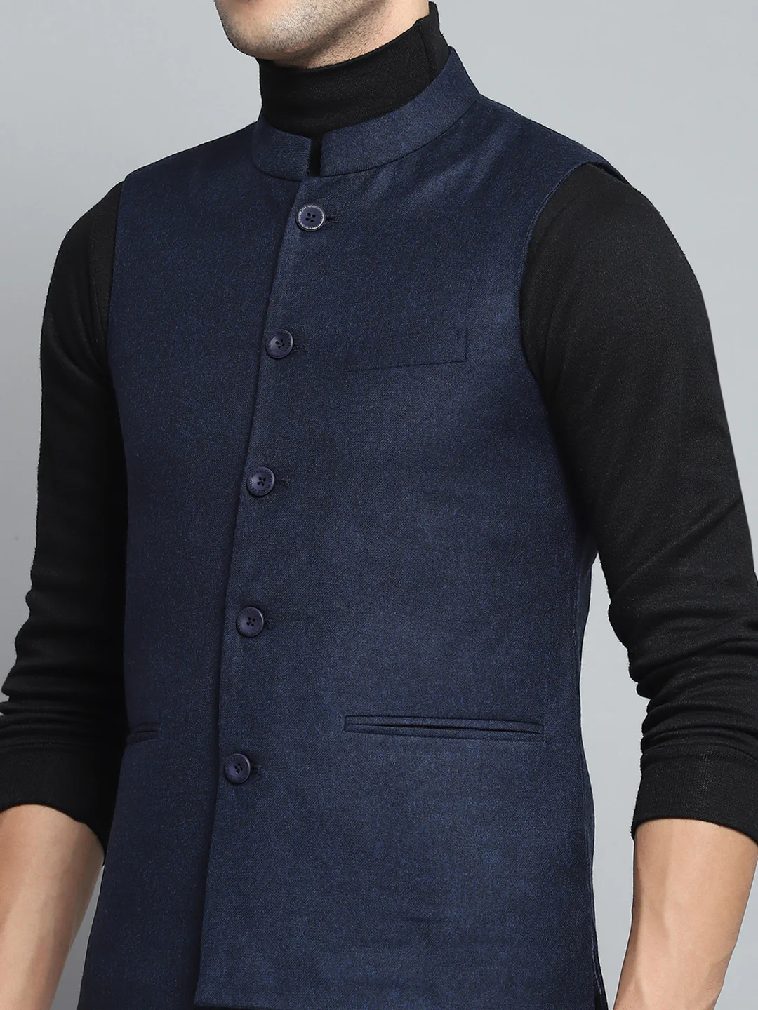 Men Blue Solid Band Collar Sleeveless Nehru Jacket - Image 6