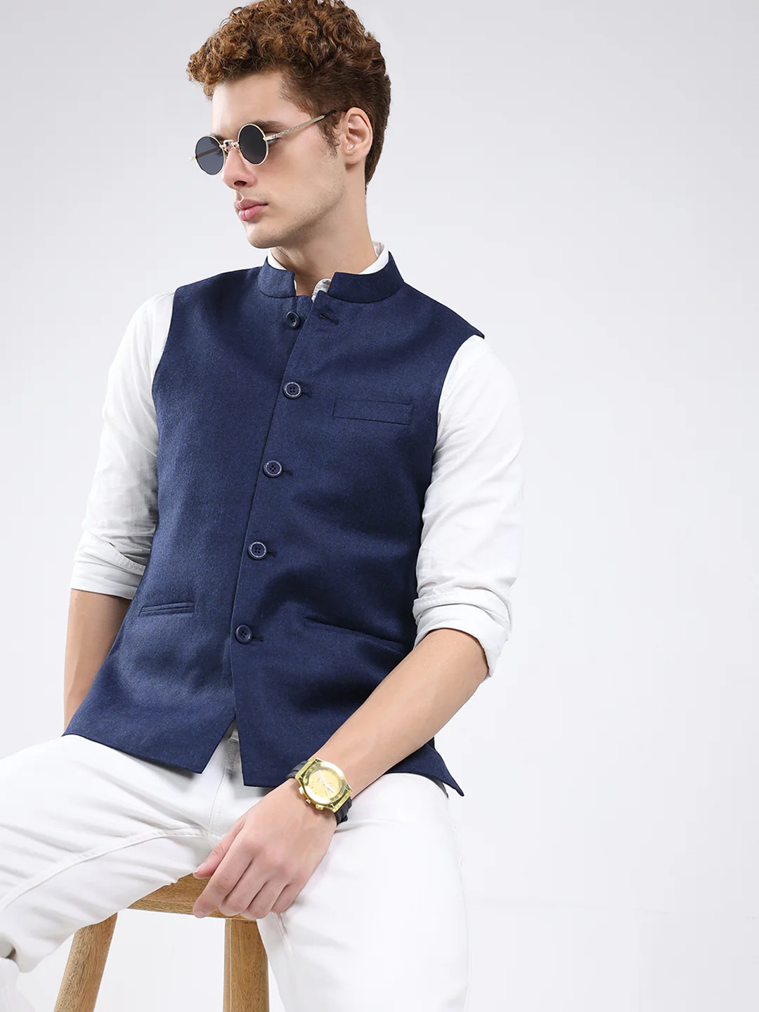 Men Blue Solid Band Neck Sleeveless Jacket - Image 6