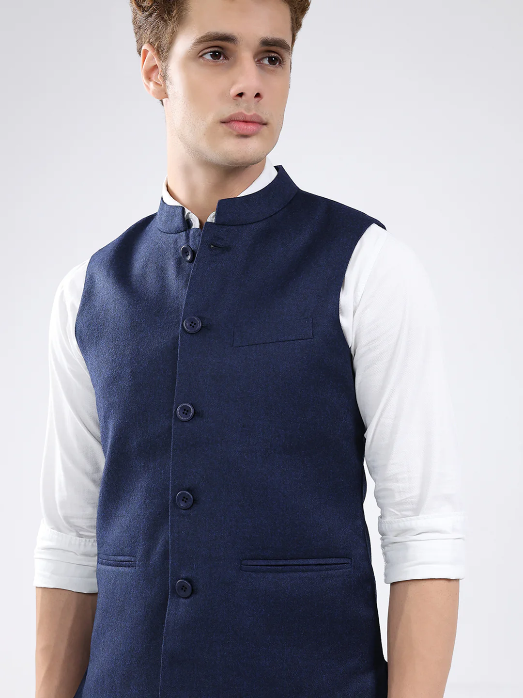 Men Blue Solid Band Neck Sleeveless Jacket - Image 7