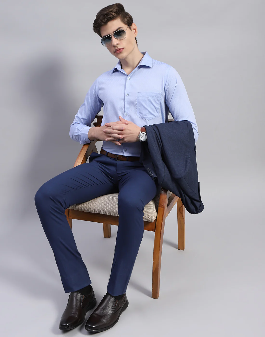 Men Blue Solid Collar Full Sleeve Shirt - Image 2