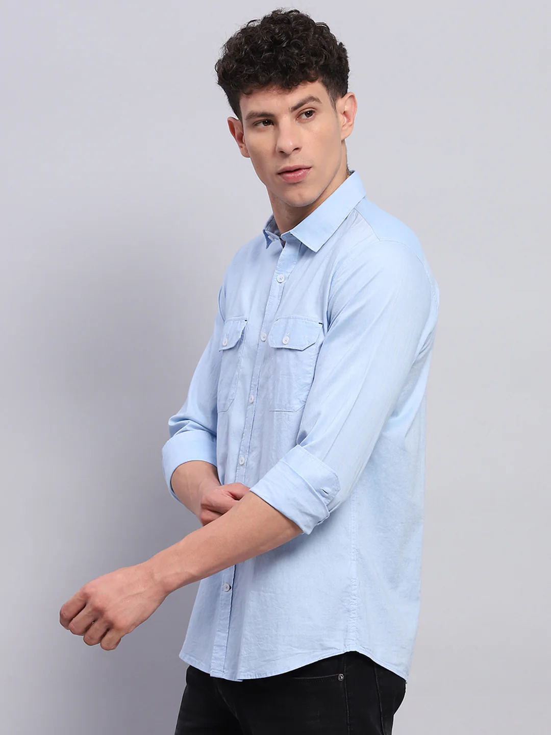 Men Blue Solid Collar Full Sleeve Shirt - Image 3