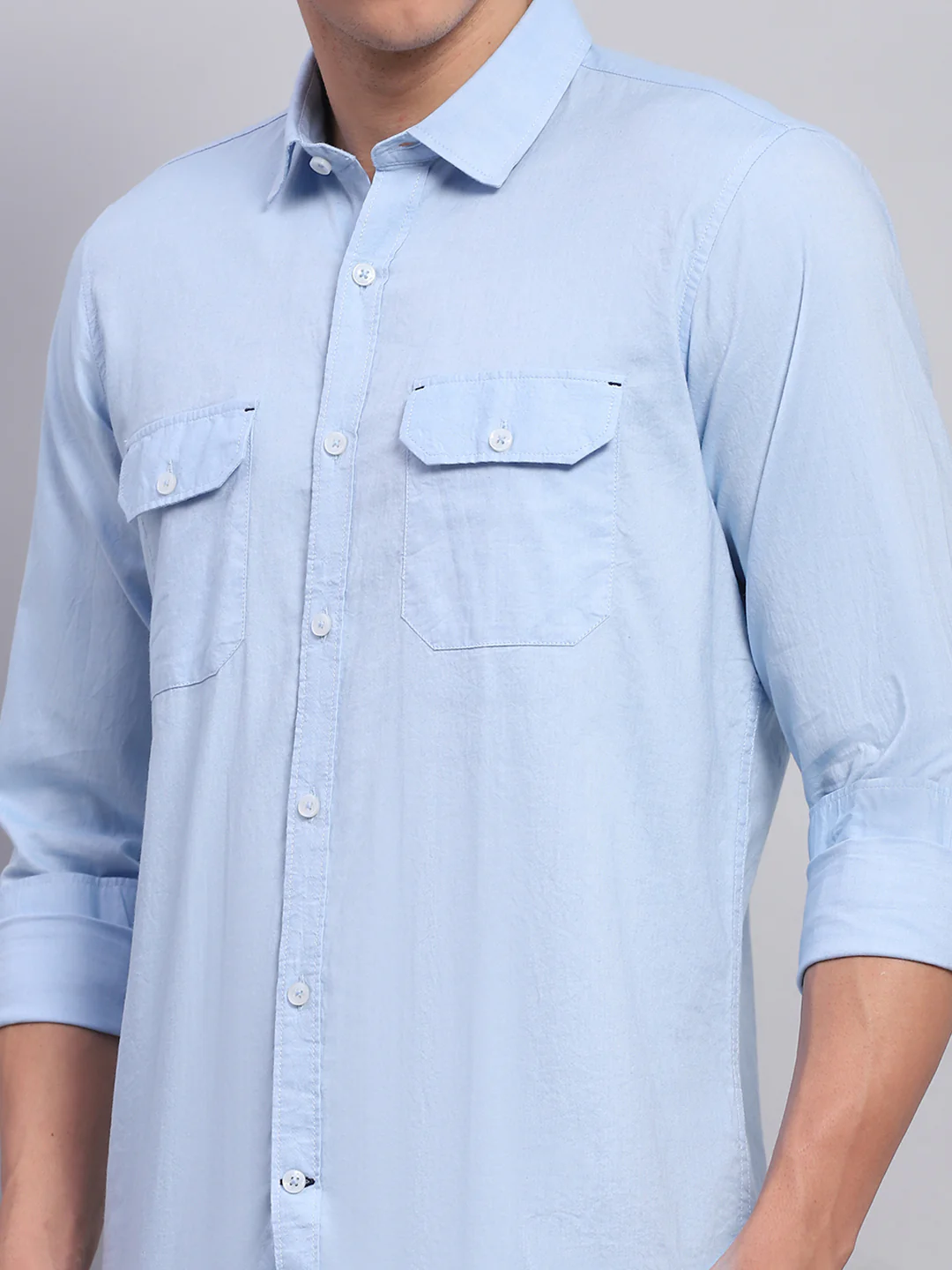 Men Blue Solid Collar Full Sleeve Shirt - Image 6