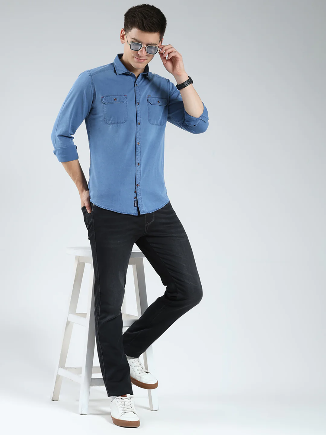 Men Blue Solid Collar Full Sleeve Shirt - Image 2