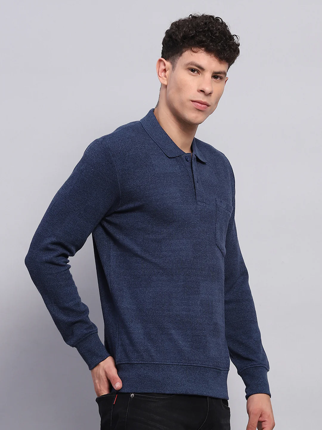 Men Blue Solid Collar Full Sleeve Winter T-Shirt - Image 4