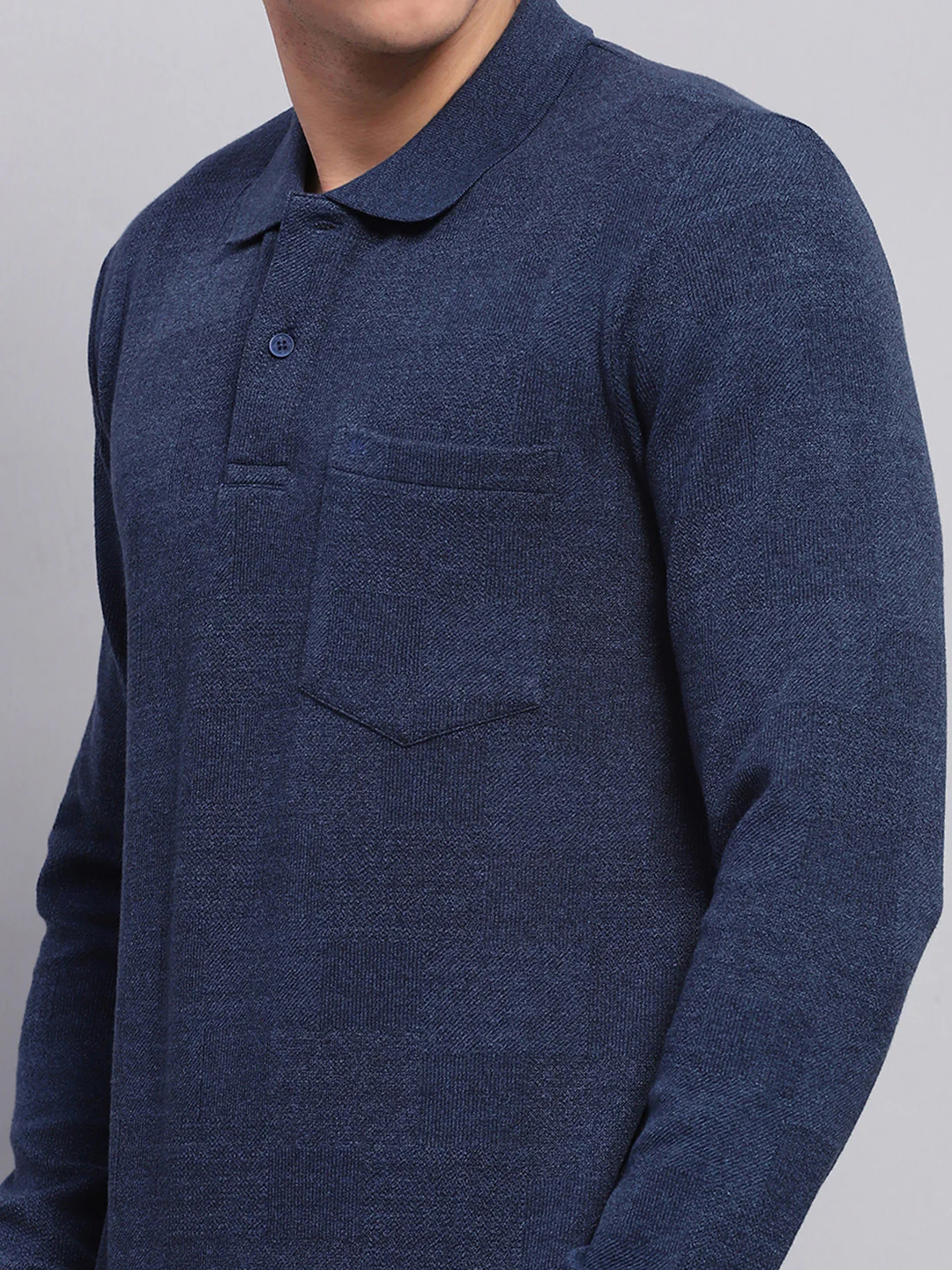 Men Blue Solid Collar Full Sleeve Winter T-Shirt - Image 6