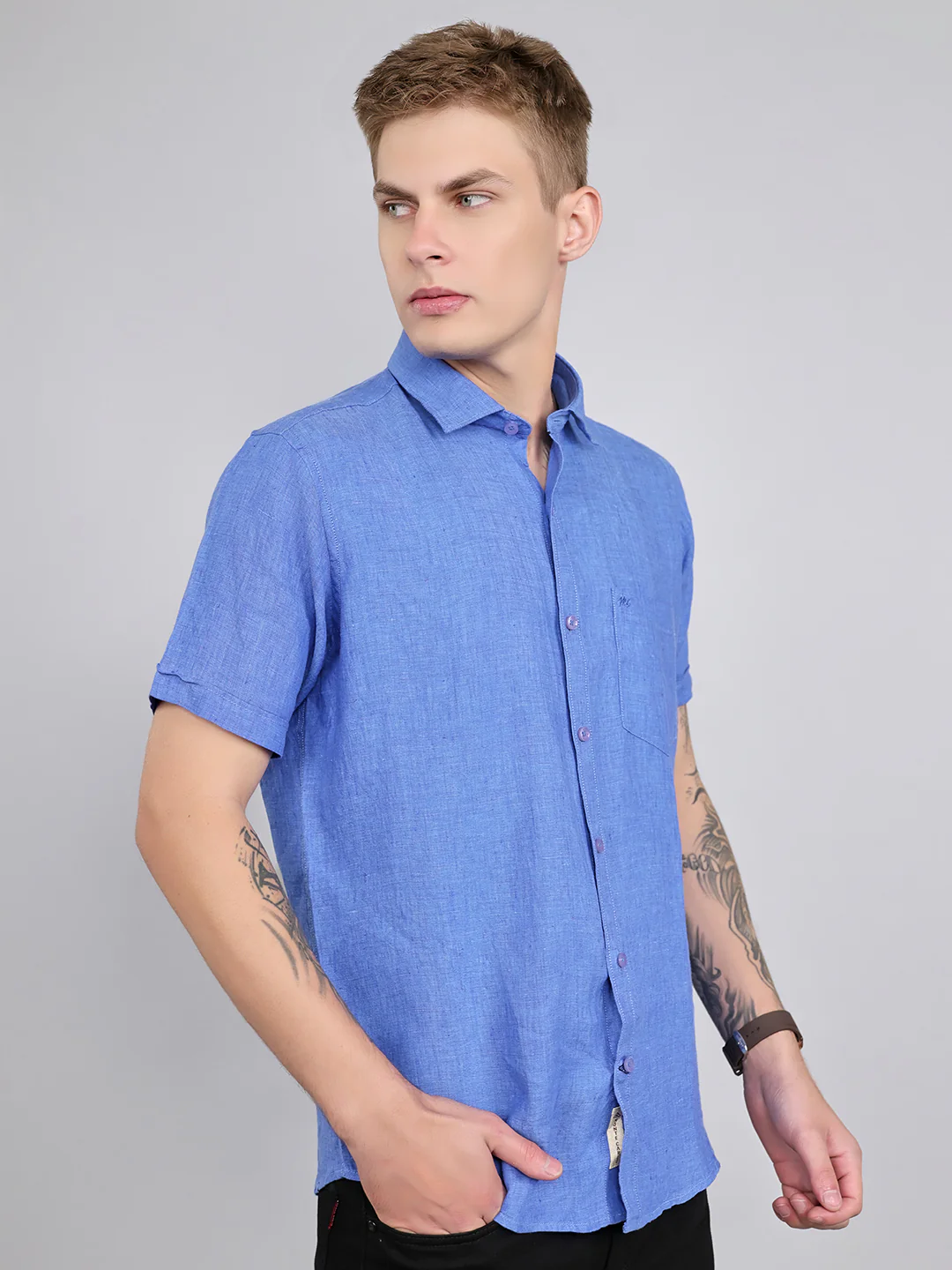 Men Blue Solid Collar Half Sleeve Shirt - Image 3