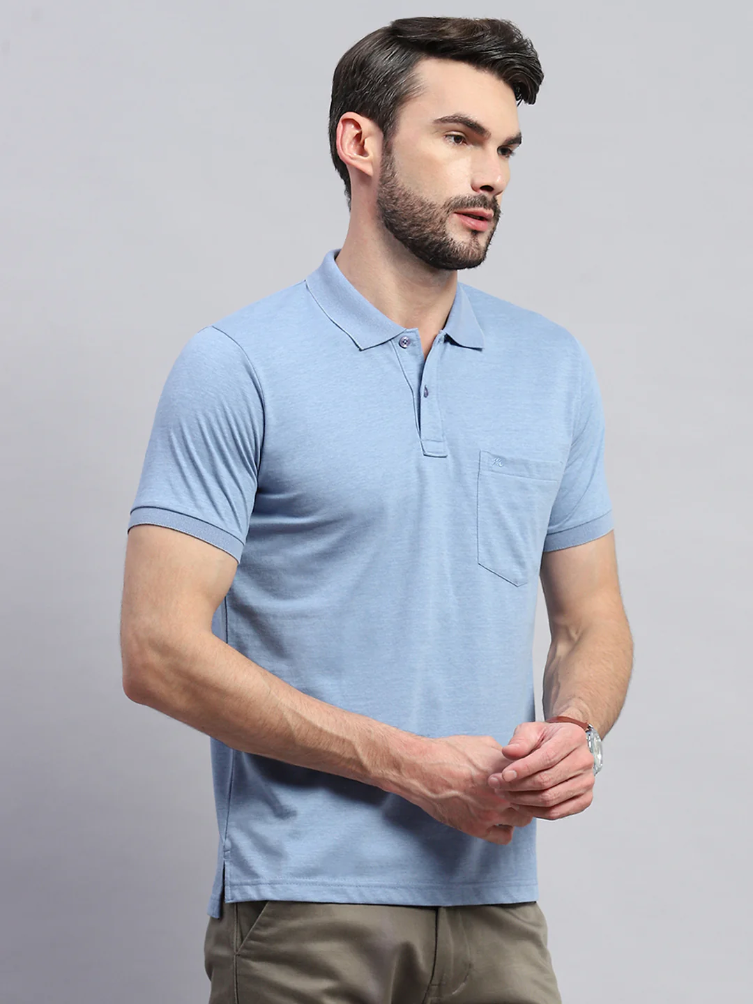 Men Blue Solid Collar Half Sleeve T-Shirt - Image 4
