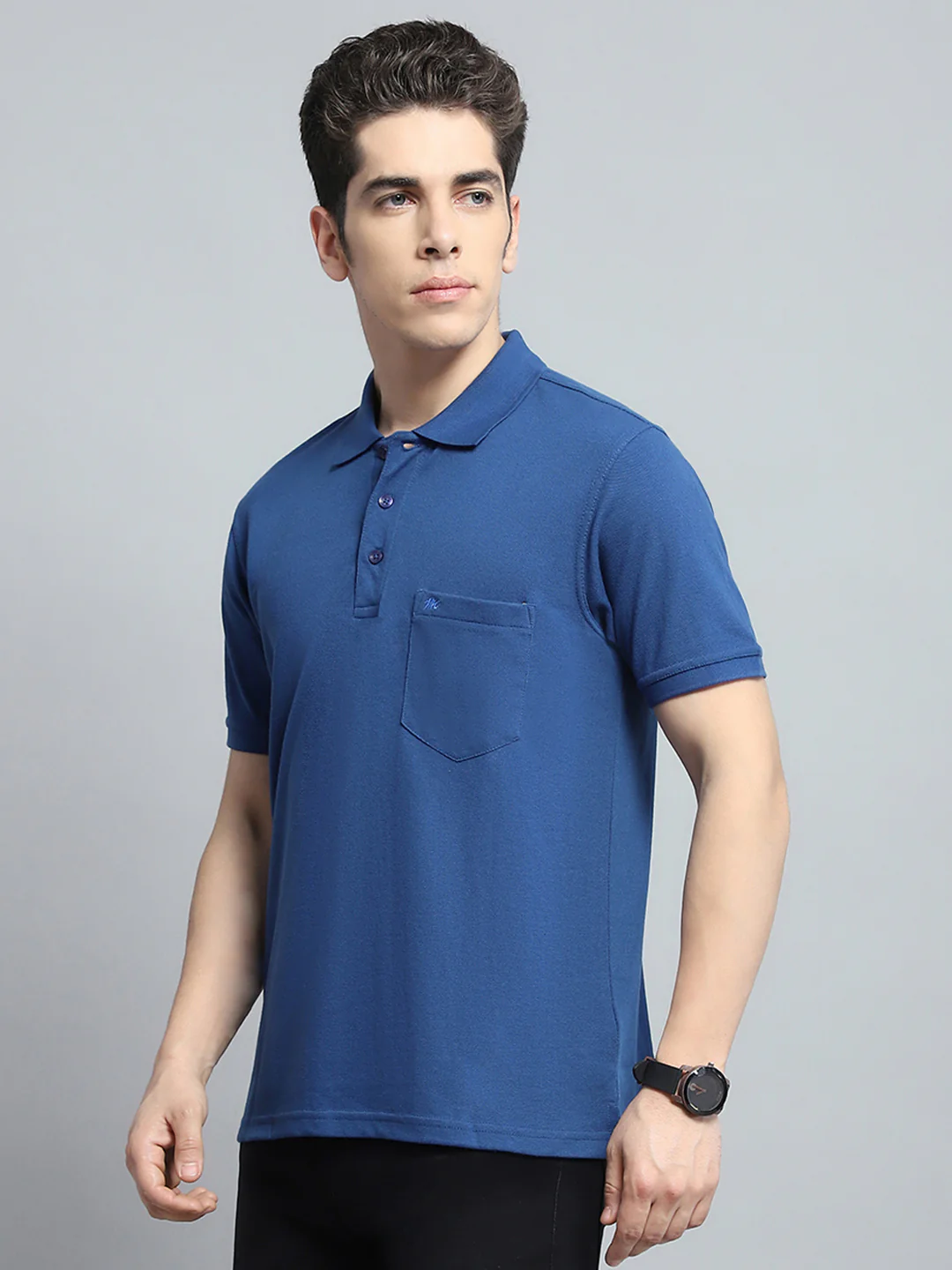 Men Blue Solid Collar Half Sleeve T-Shirt - Image 3