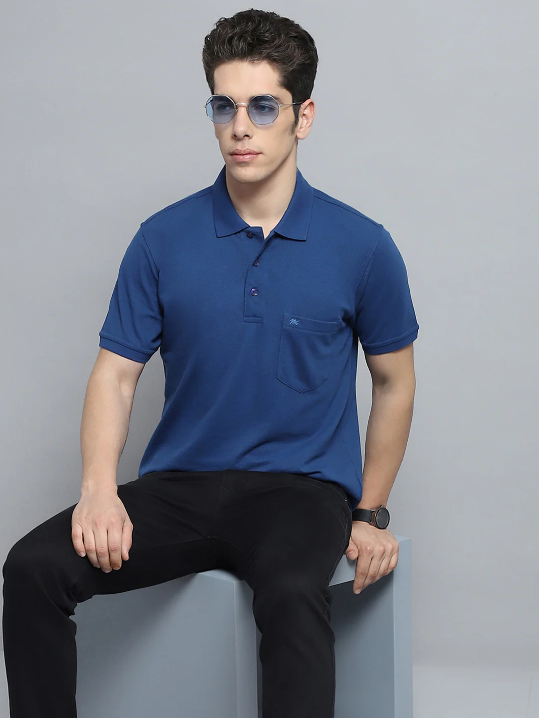 Men Blue Solid Collar Half Sleeve T-Shirt - Image 6