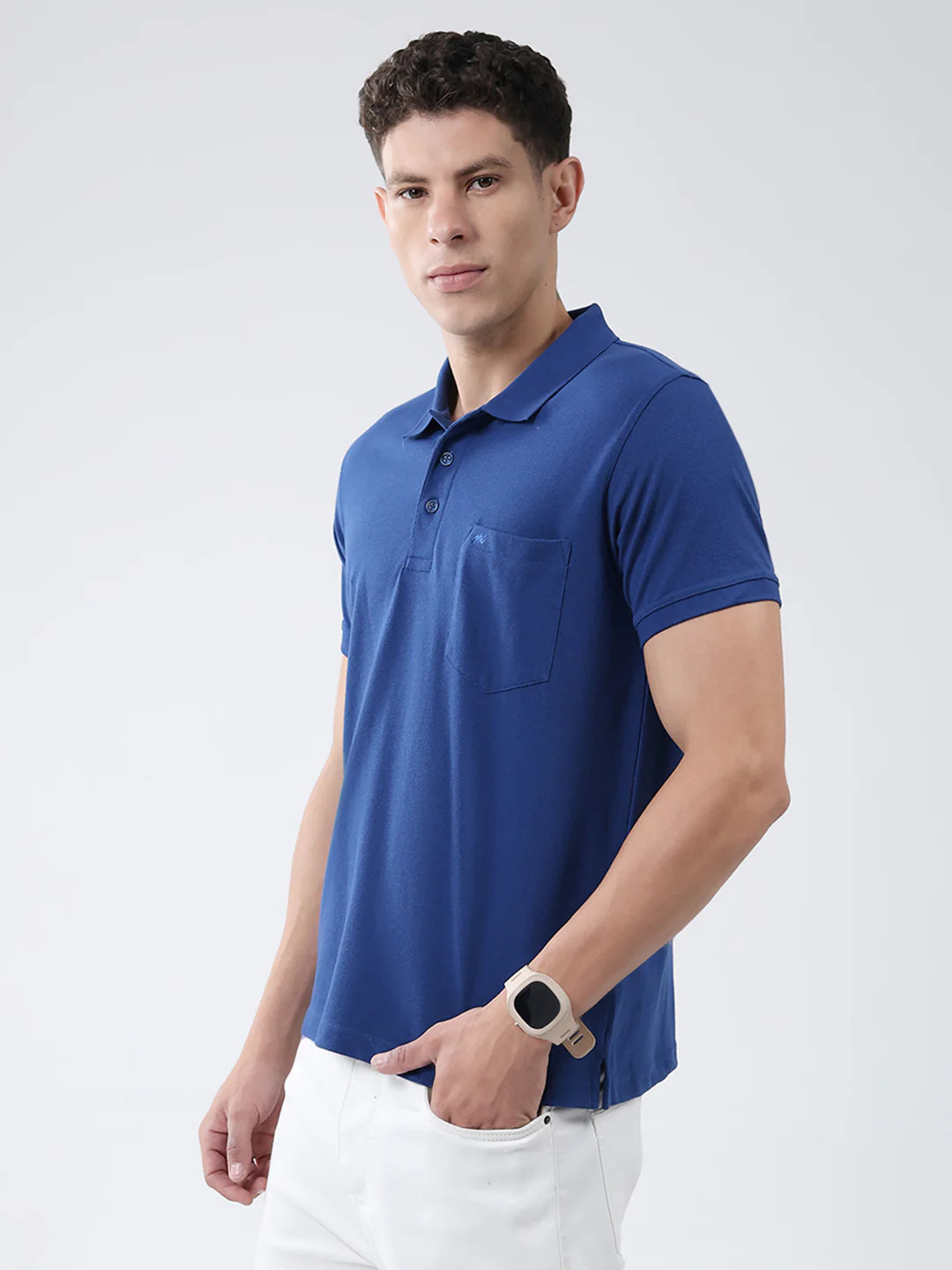 Men Blue Solid Collar Half Sleeve T-Shirt - Image 3