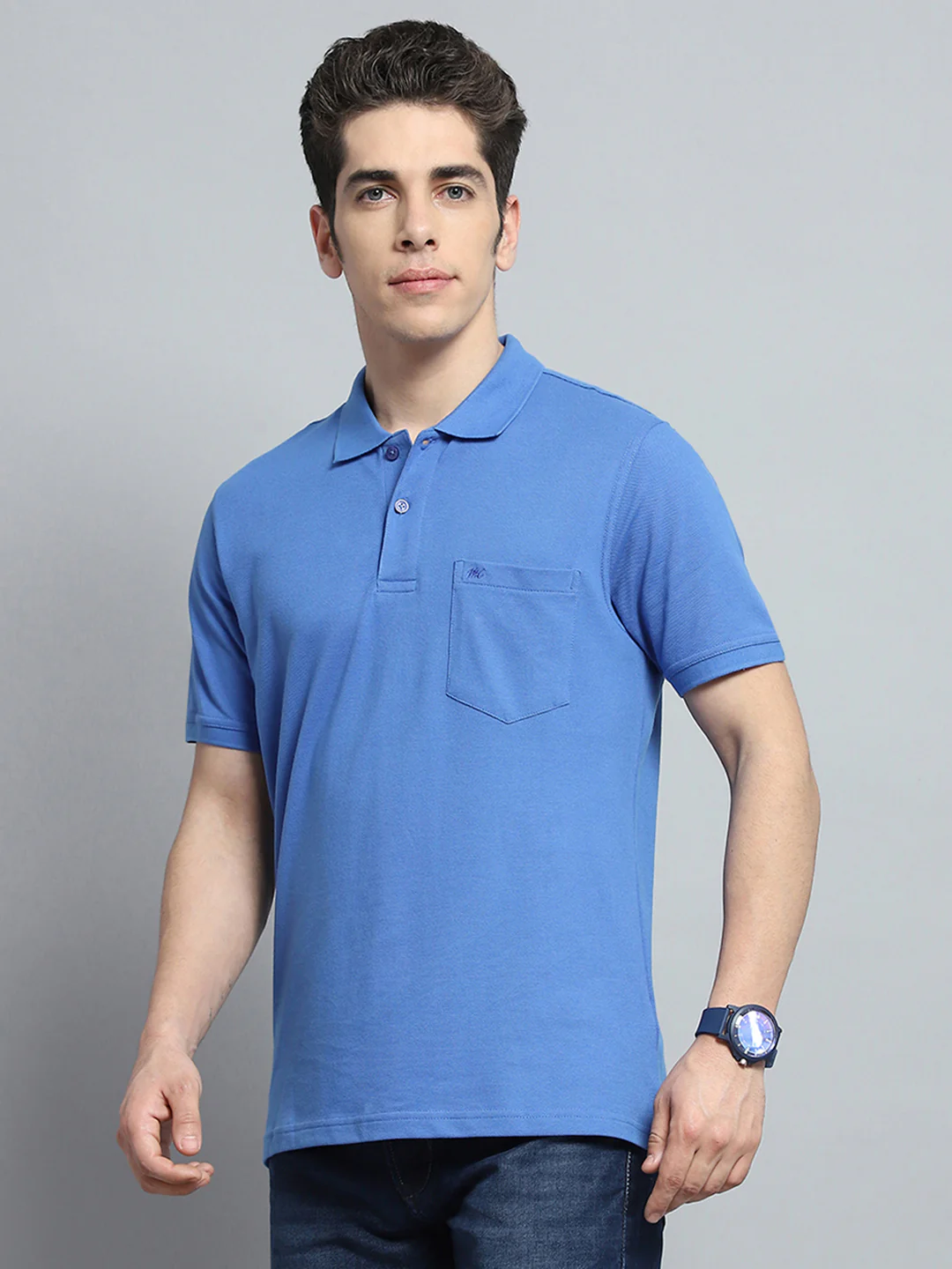 Men Blue Solid Collar Half Sleeve T-Shirt - Image 3