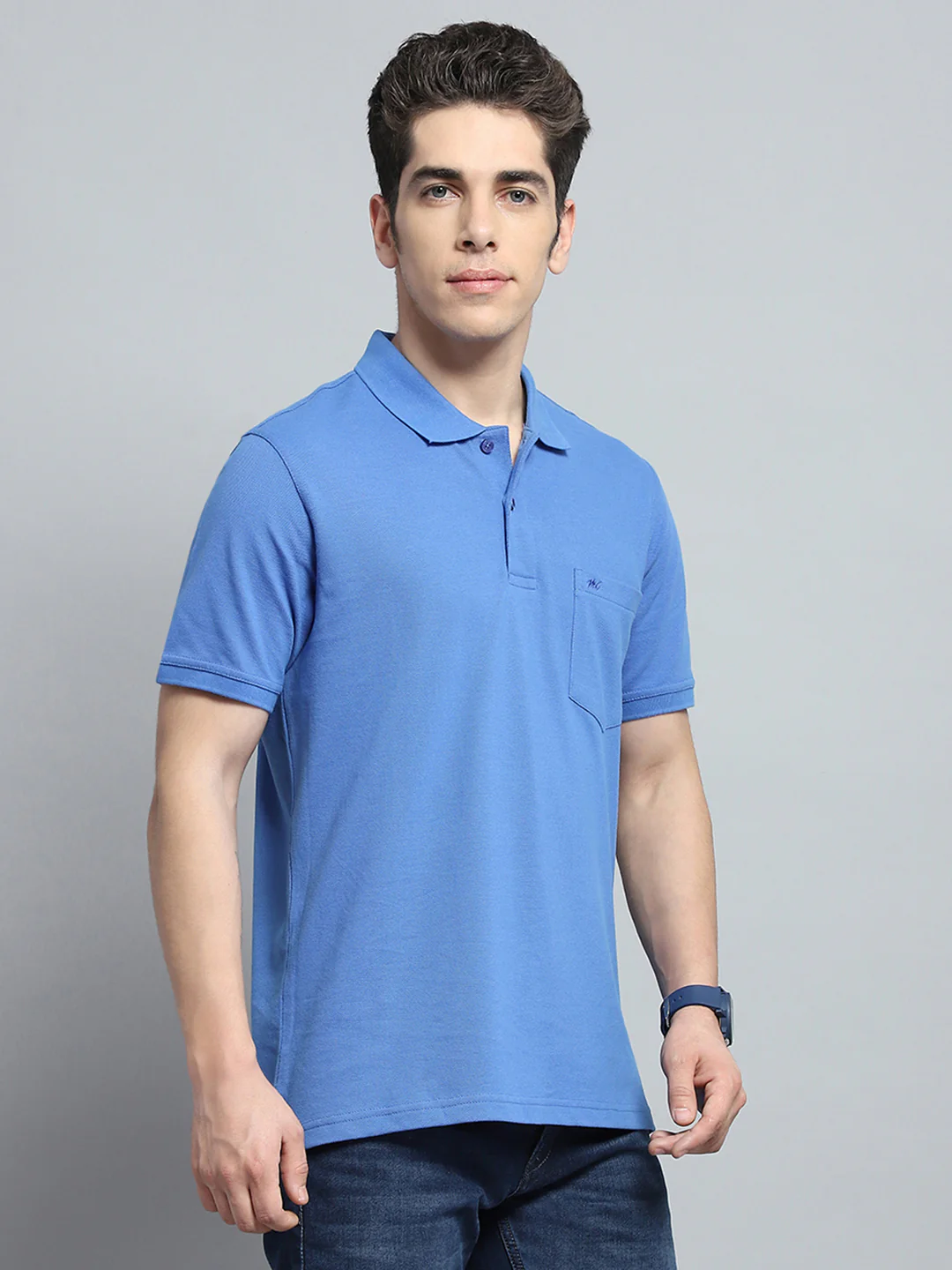 Men Blue Solid Collar Half Sleeve T-Shirt - Image 4