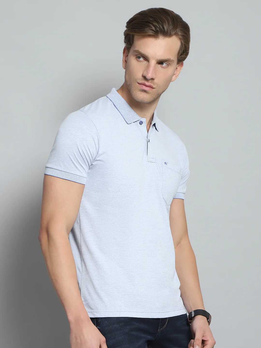 Men Blue Solid Collar Half Sleeve T-Shirt - Image 4