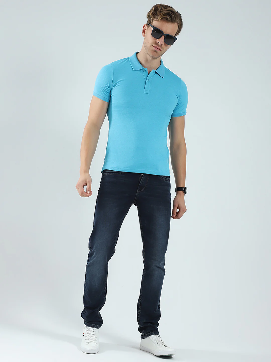 Men Blue Solid Collar Half Sleeve T-Shirt - Image 2