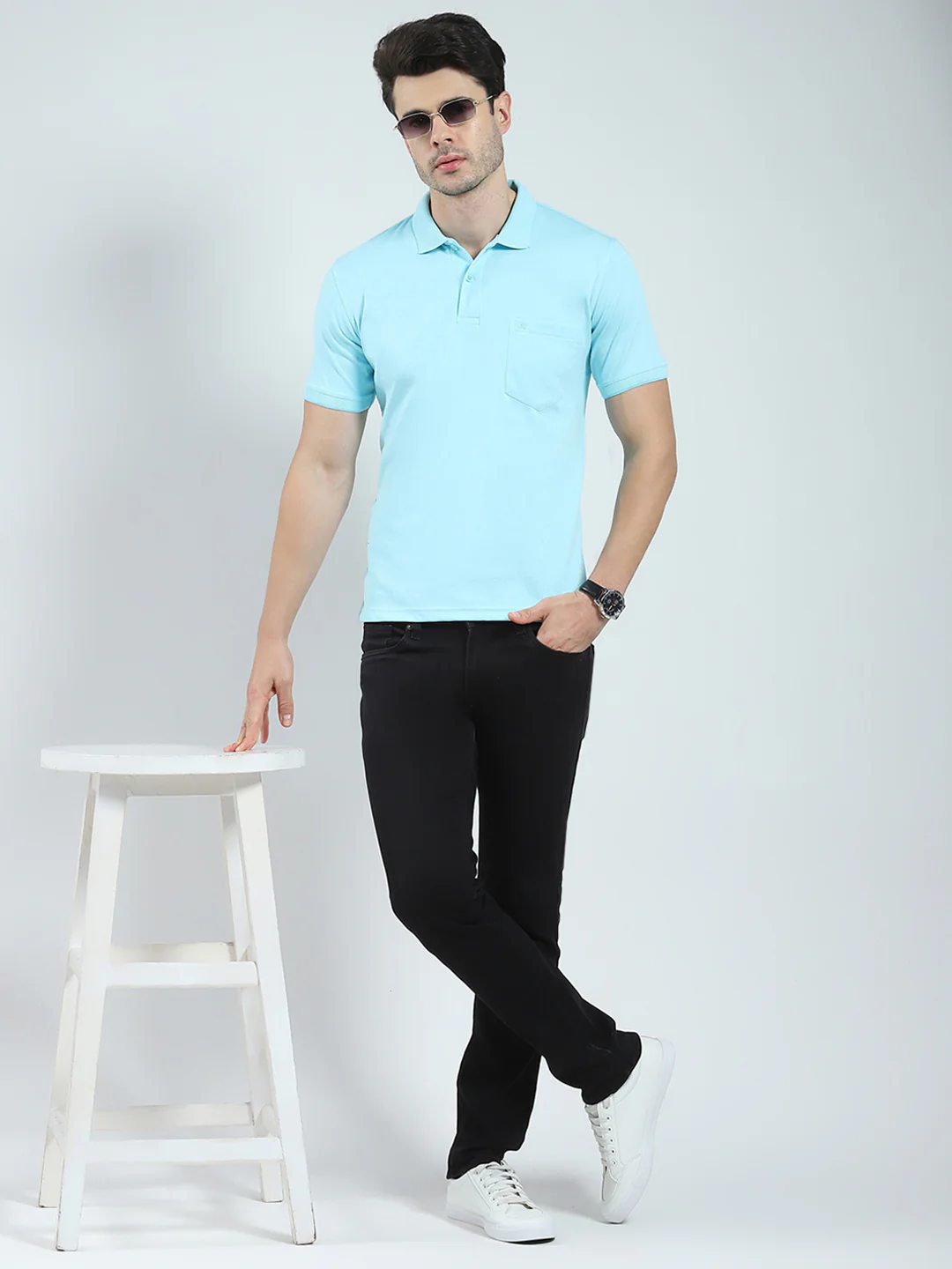 Men Blue Solid Collar Half Sleeve T-Shirt - Image 2