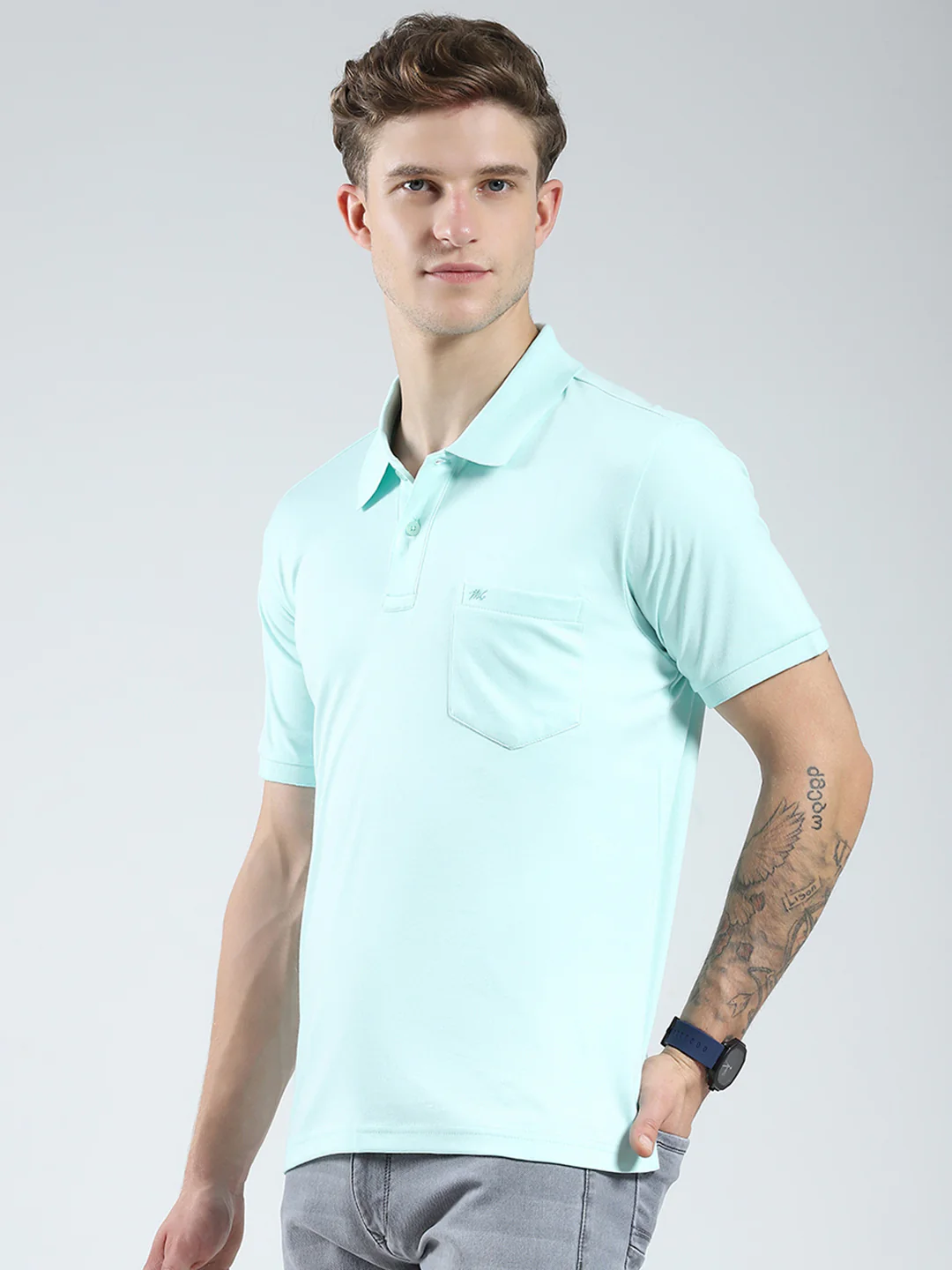 Men Blue Solid Collar Half Sleeve T-Shirt - Image 3