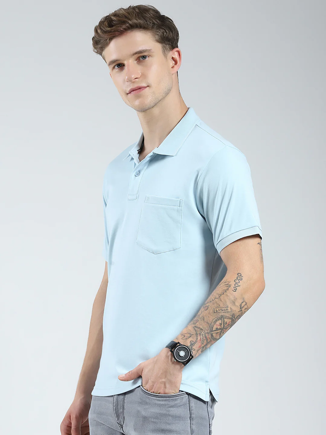 Men Blue Solid Collar Half Sleeve T-Shirt - Image 3