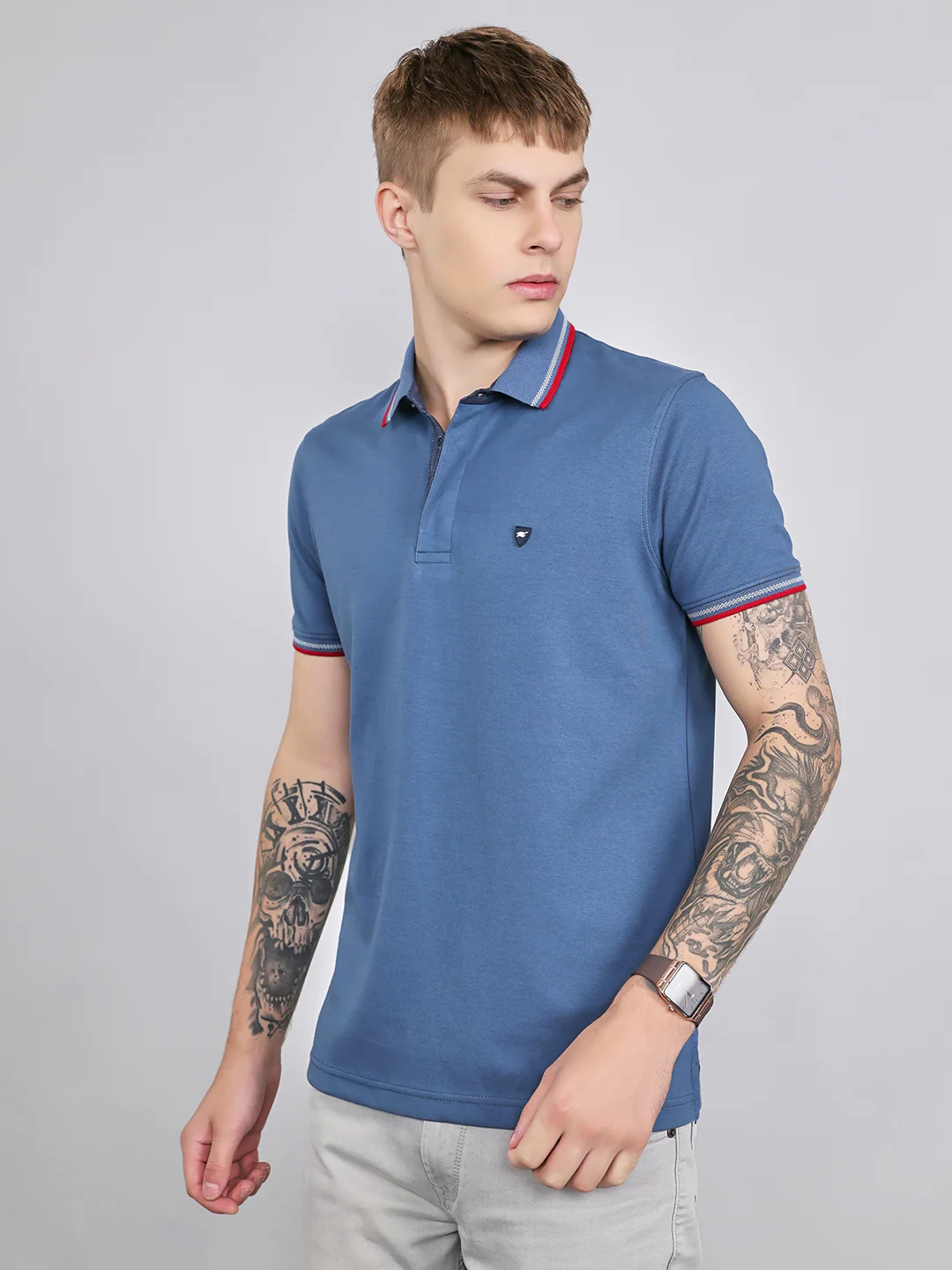 Men Blue Solid Collar Half Sleeve T-Shirt - Image 2
