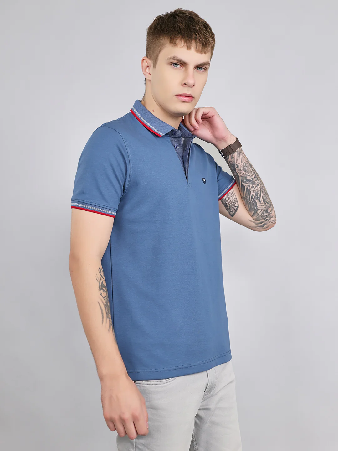 Men Blue Solid Collar Half Sleeve T-Shirt - Image 3