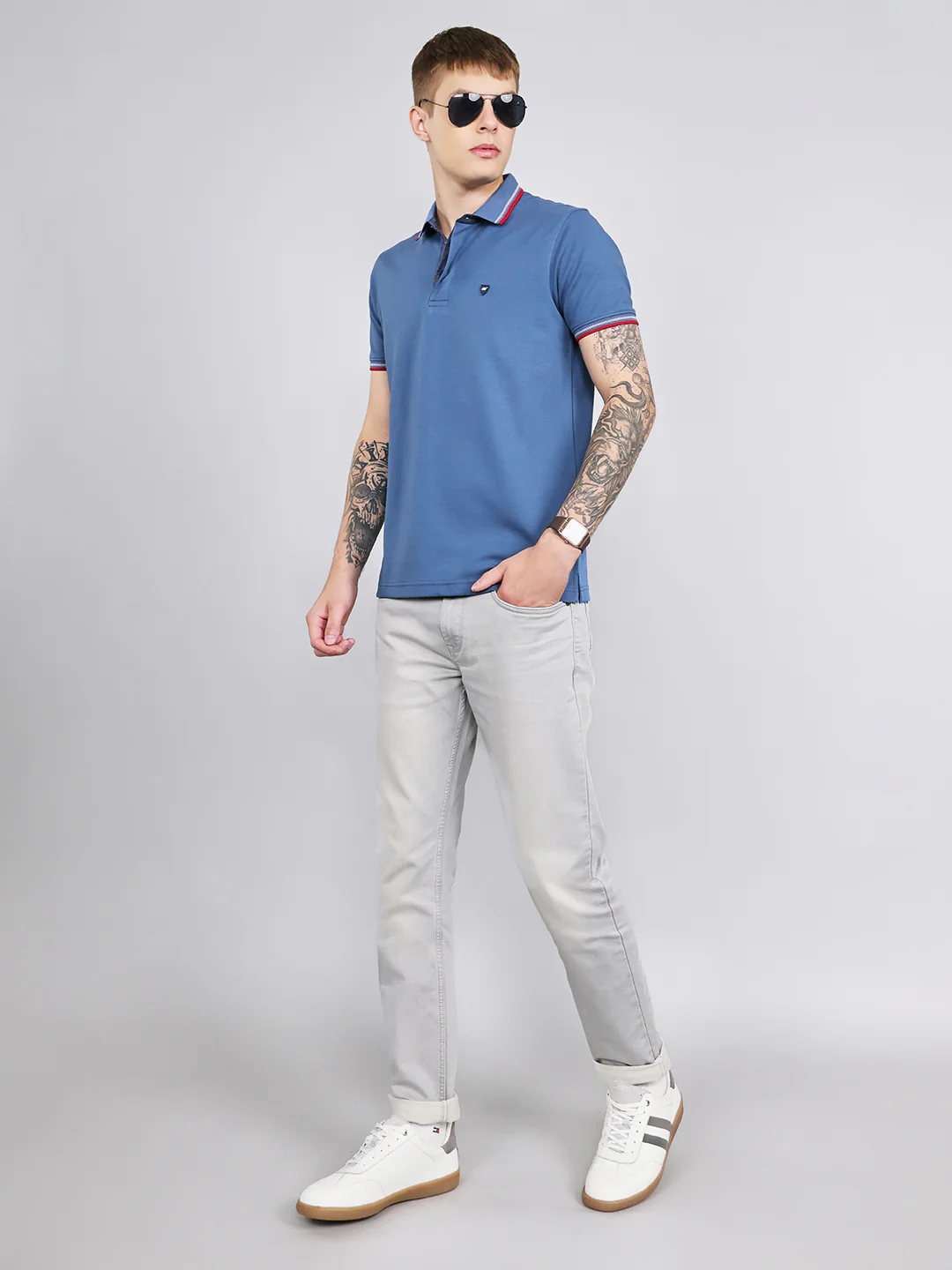 Men Blue Solid Collar Half Sleeve T-Shirt - Image 6