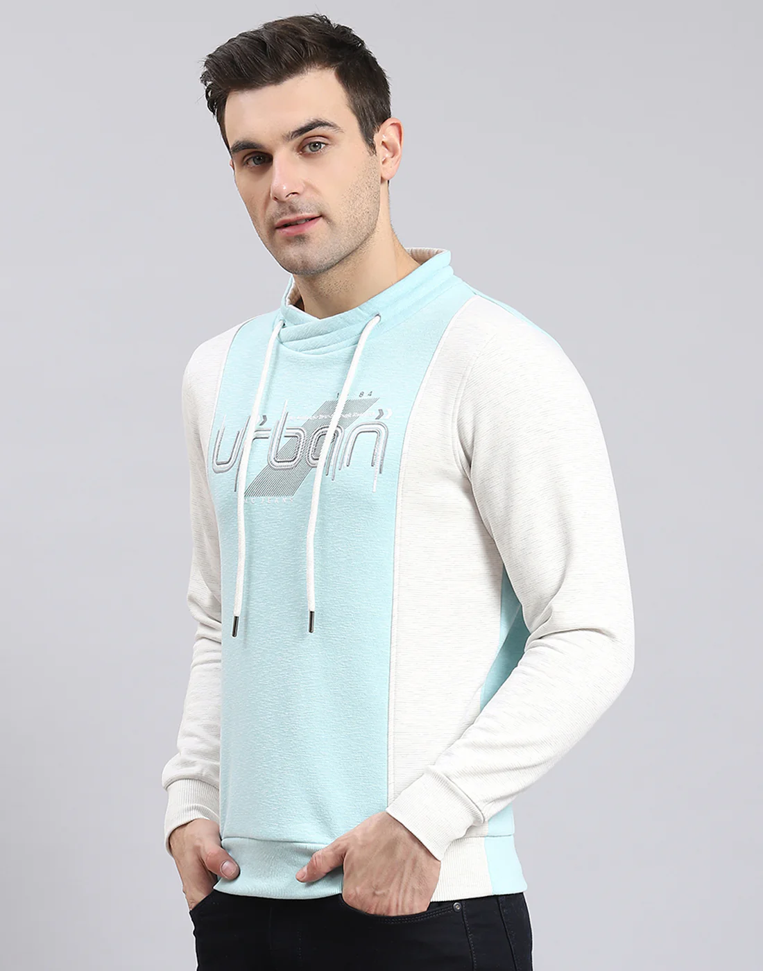 Men Blue Solid F Neck Full Sleeve Sweatshirt - Image 4