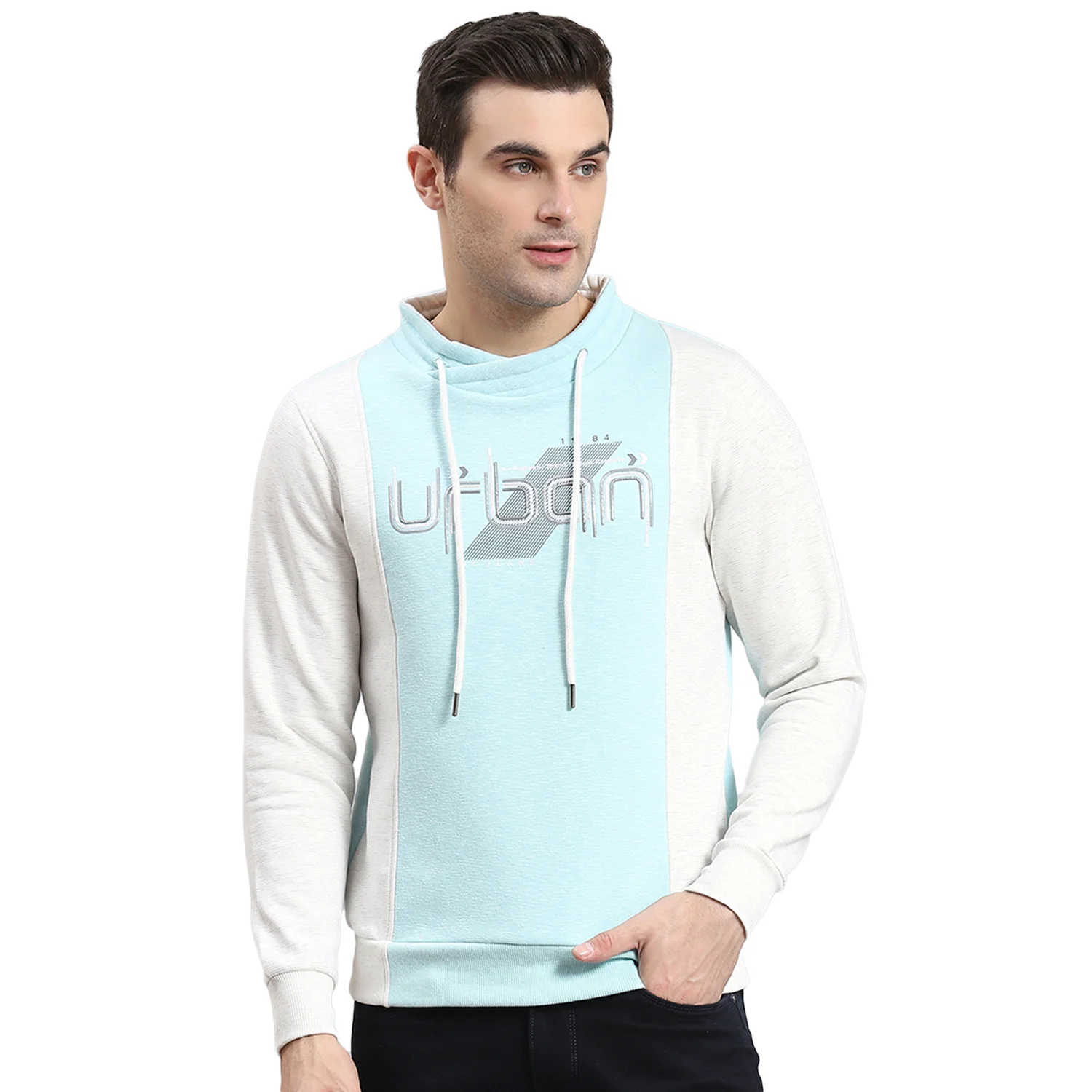 Men Blue Solid F Neck Full Sleeve Sweatshirt - Image 5