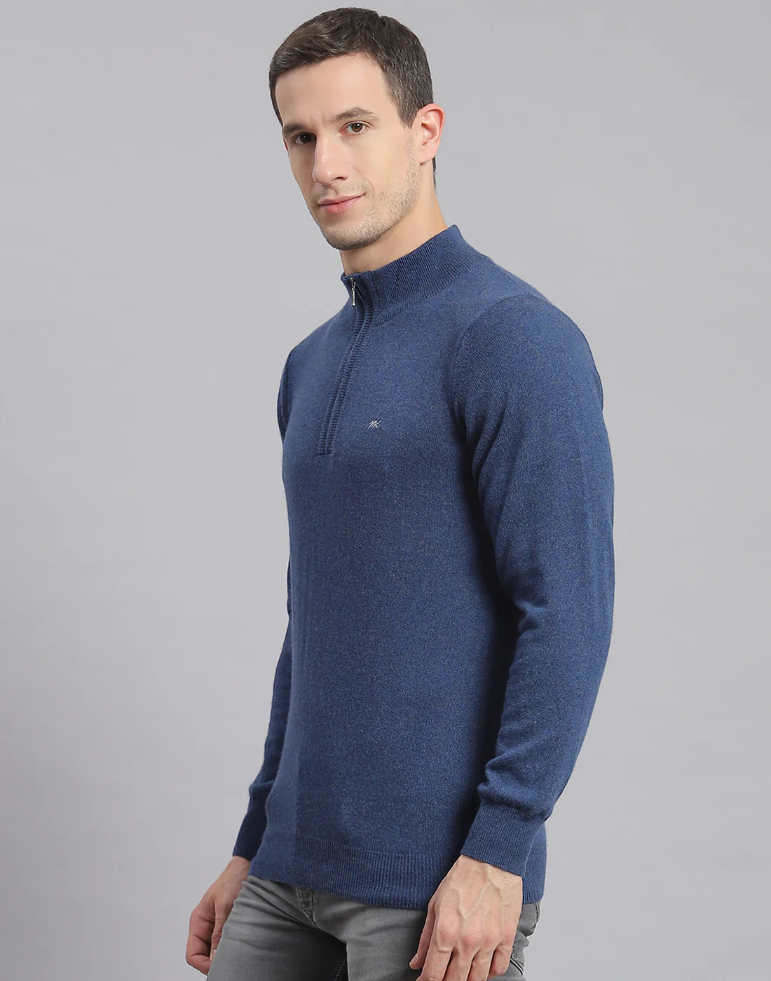 Men Blue Solid H Neck Full Sleeve Sweater - Image 3