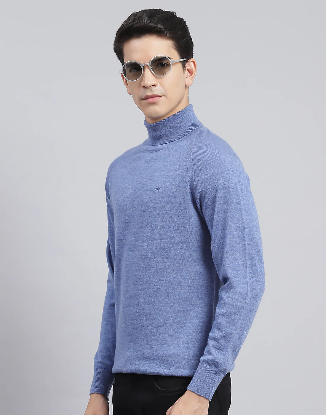 Men Blue Solid High Neck Full Sleeve Pullover - Image 3