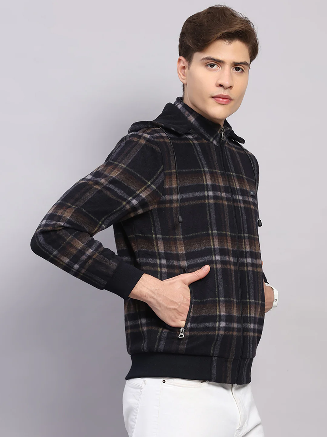 Men Blue Solid Hooded Full Sleeve Jacket - Image 4