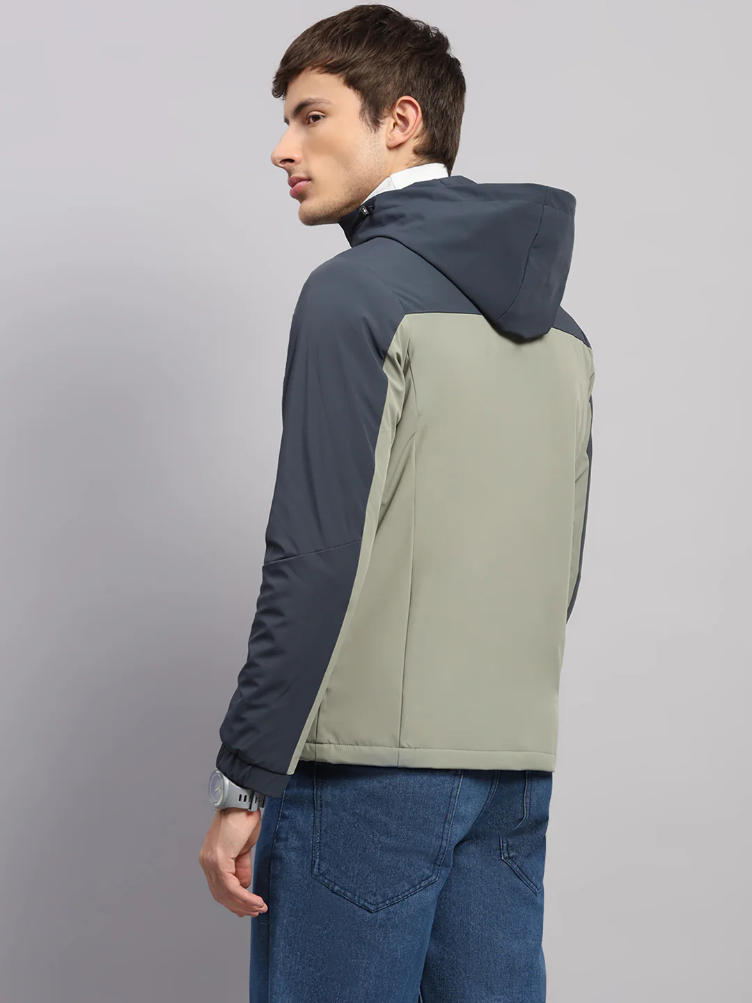 Men Blue Solid Hooded Full Sleeve Jacket - Image 5