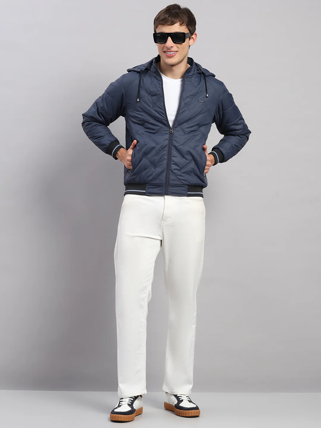 Men Blue Solid Hooded Full Sleeve Jacket - Image 2
