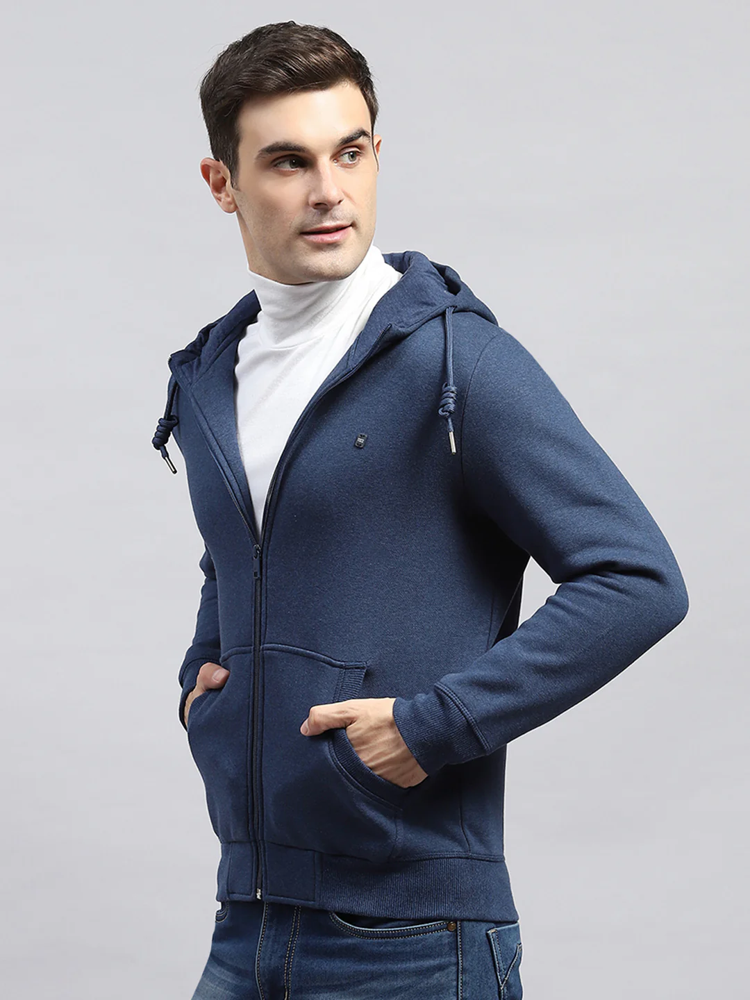 Men Blue Solid Hooded Full Sleeve Sweatshirt - Image 3