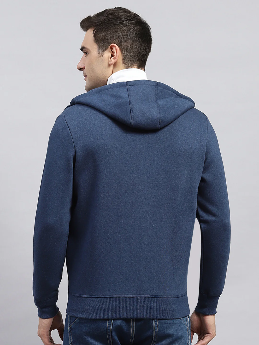 Men Blue Solid Hooded Full Sleeve Sweatshirt - Image 5
